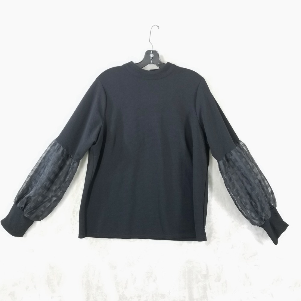 Ashley Stewart Blouse Women 18/20 Black Sheer Balloon Sleeve Mock Neck Goth Top